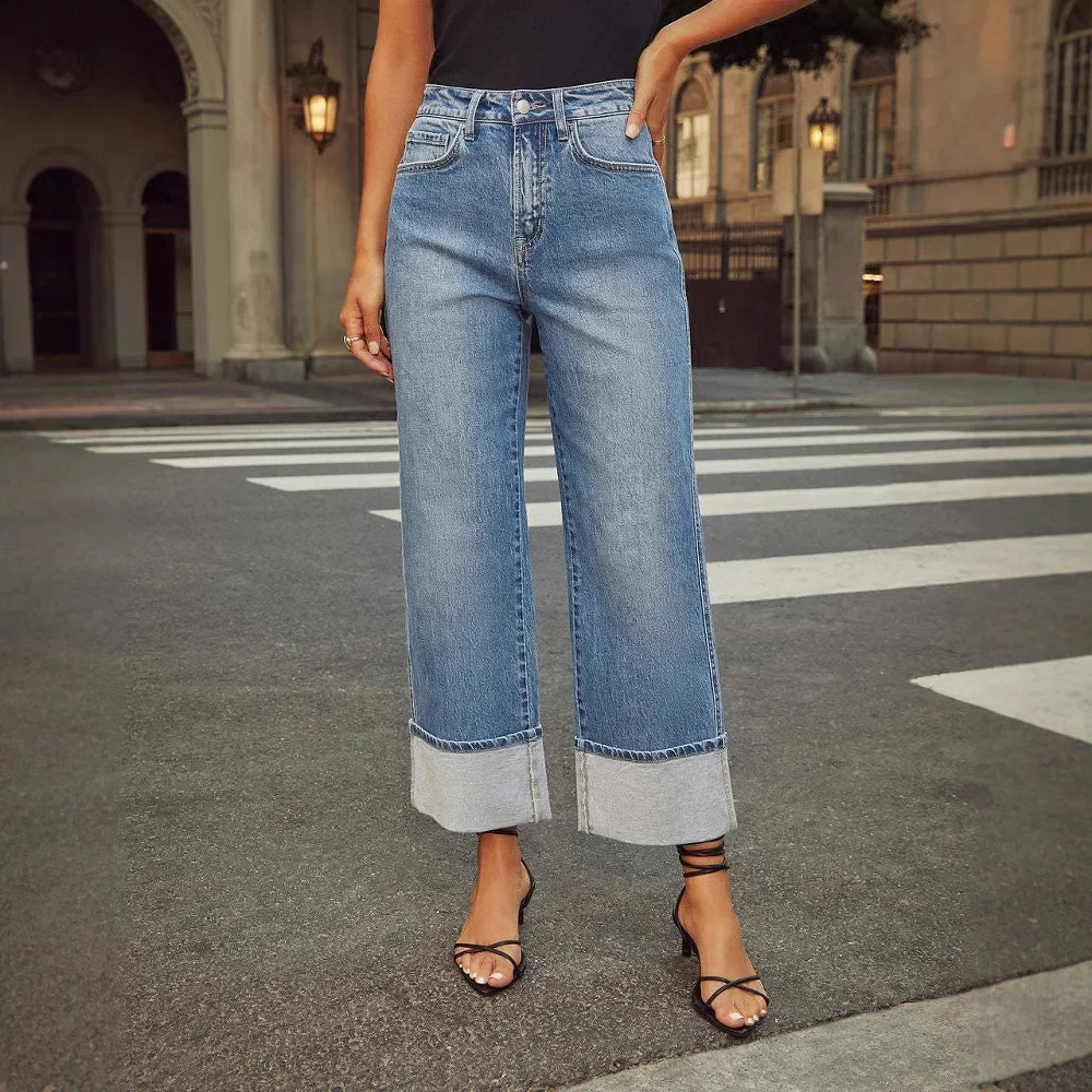 Spring 2025 womens high waisted straight leg denim jeans with elastic cuffs highquality retro style pants fashionable and casual 250420
