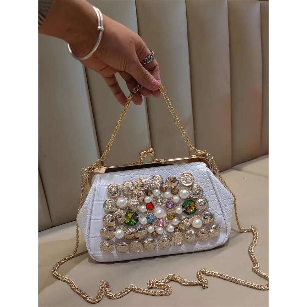 Spring and summer metal frame color pearl rhinestone crystal handbag banquet dress one-shoulder cross-body chain women's bag