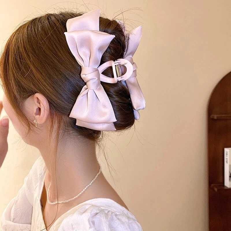 Fashion womens bow hair Korean version solid color butterfly satin hair clip girls hair accessories headbandT250425