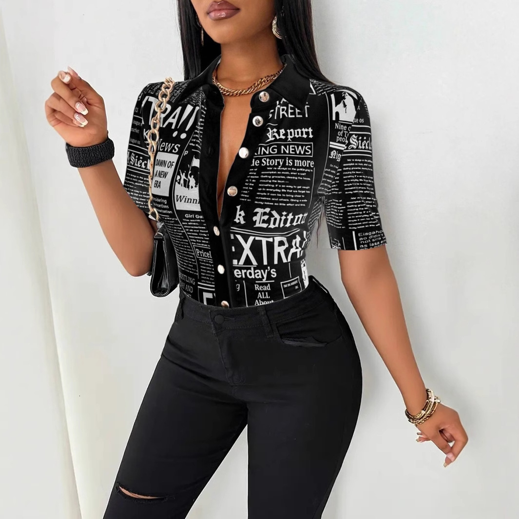 2025 Summer Fashion Newspaper Printed Single breasted V-neck Shirt for Women