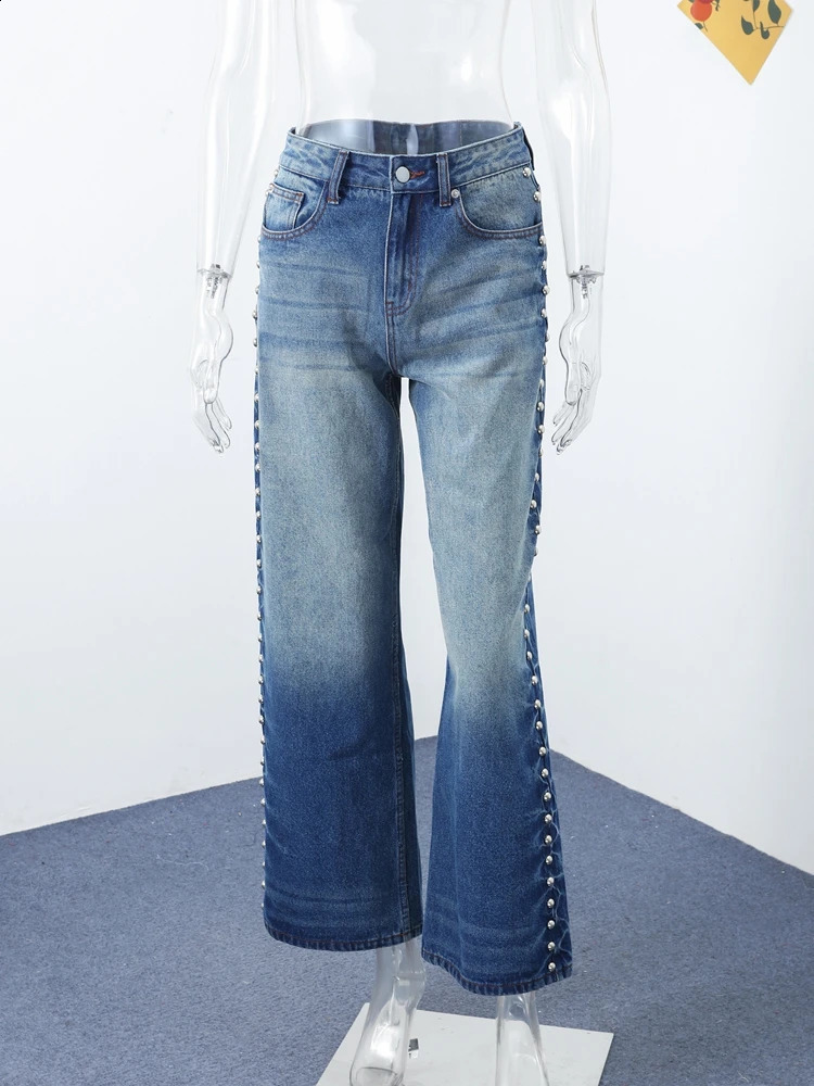 Fashionable womens side pearl decorated denim jeans high waist wide leg pants 2025 trend streetwear mens style 250417