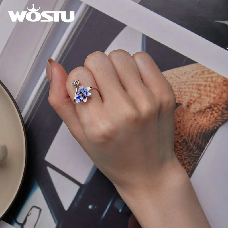 WOSTU Real 925 Sterling Silver Unique Lotus Open Rings For Women Blue Enamel Statement Flower Ring Wedding Party Jewelry Gift 250425