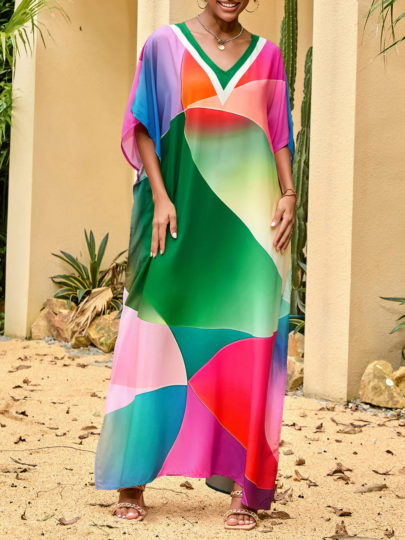 Bohemian beach style geometric pattern full body print Vneck side seam vacation dress and cover 250422