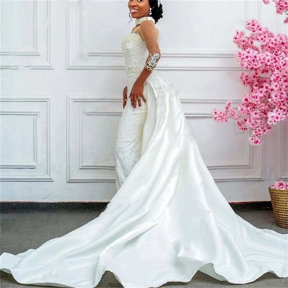 Elegant A Line Women Wedding Dress High Collar Long Sleeves Bridal Gowns Pearls Detachable Train Dress Custom Made