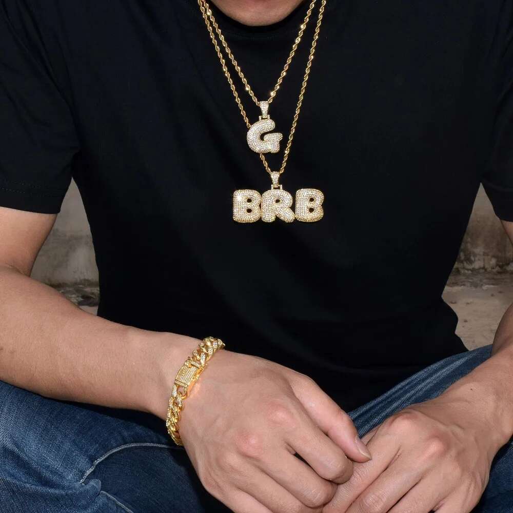 Bubble Letter Custom Name Necklaces Personalized Pendants Real Gold Plated Hip Hop Jewelry Collares Hombre