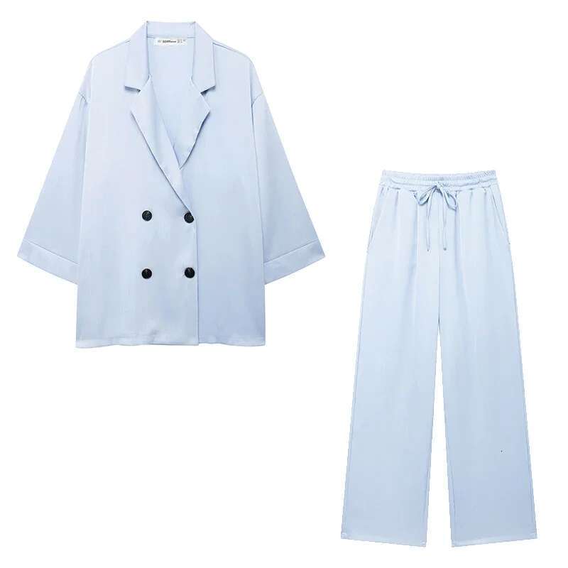 Willshela Women Fashion 2 Piece Set Solid Double Breasted Blazer & Elastic Waist Trousers Feamle Chic Lady Pants Sets