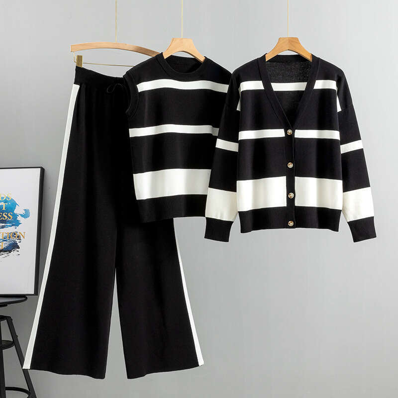 Wide Leg Pants Sports Striped Set for Women Autumn Winter Fashion Loose and Casual European Three Piece Set Trendy Temperament New Arrival New Product