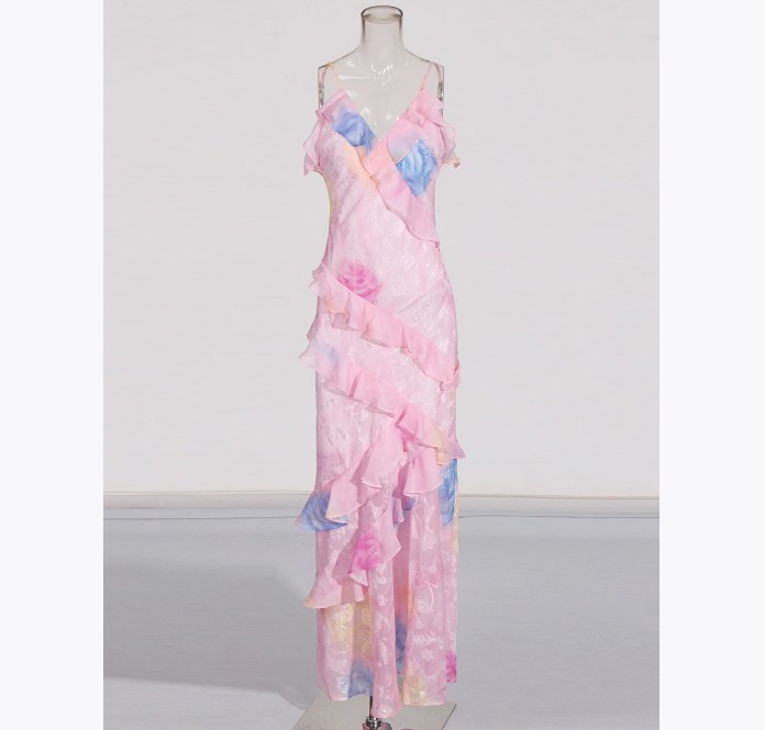Casual Dresses Designer Dress Pink Chiffon Ruffle Sg Maxi Tierred Women Chic Sweet Sleeveless V Neck Holiday Robe Spring Lady Beach