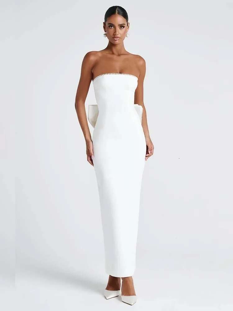 Dongdumaoyi Townlike Bow Pearl Backless Sexy Party Dress Women Strapless Spring Summer Slim Bodycon Maxi Long Dresses