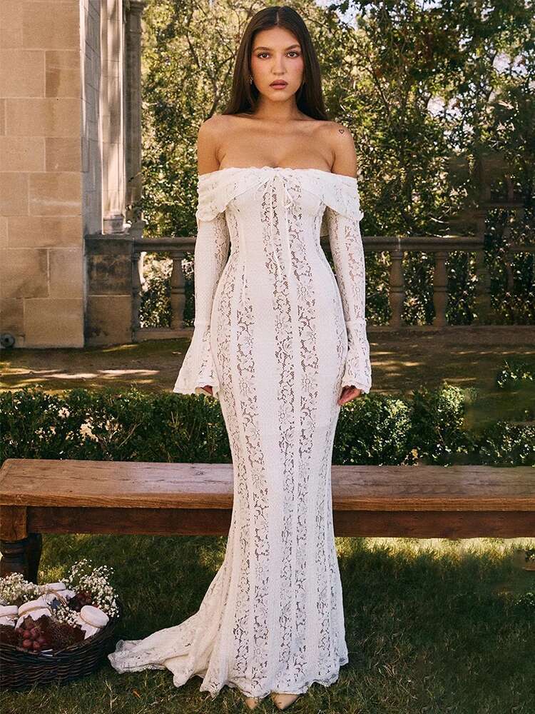 Dongdumaoyi Townlike Elegant Mermaid White Lace Dress Women Off Shoulder Autumn Winter Slim Bodycon Maxi Long Sexy Party Dresses