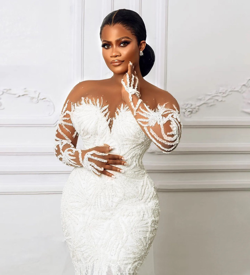 2025 Plus Size Wedding Dress Bridal Gowns For Bride Mermaid Sheer Neck Long Sleeves Appliqued Beaded Lace Tiered Tulle Beaded Lace Wedding Gowns For B