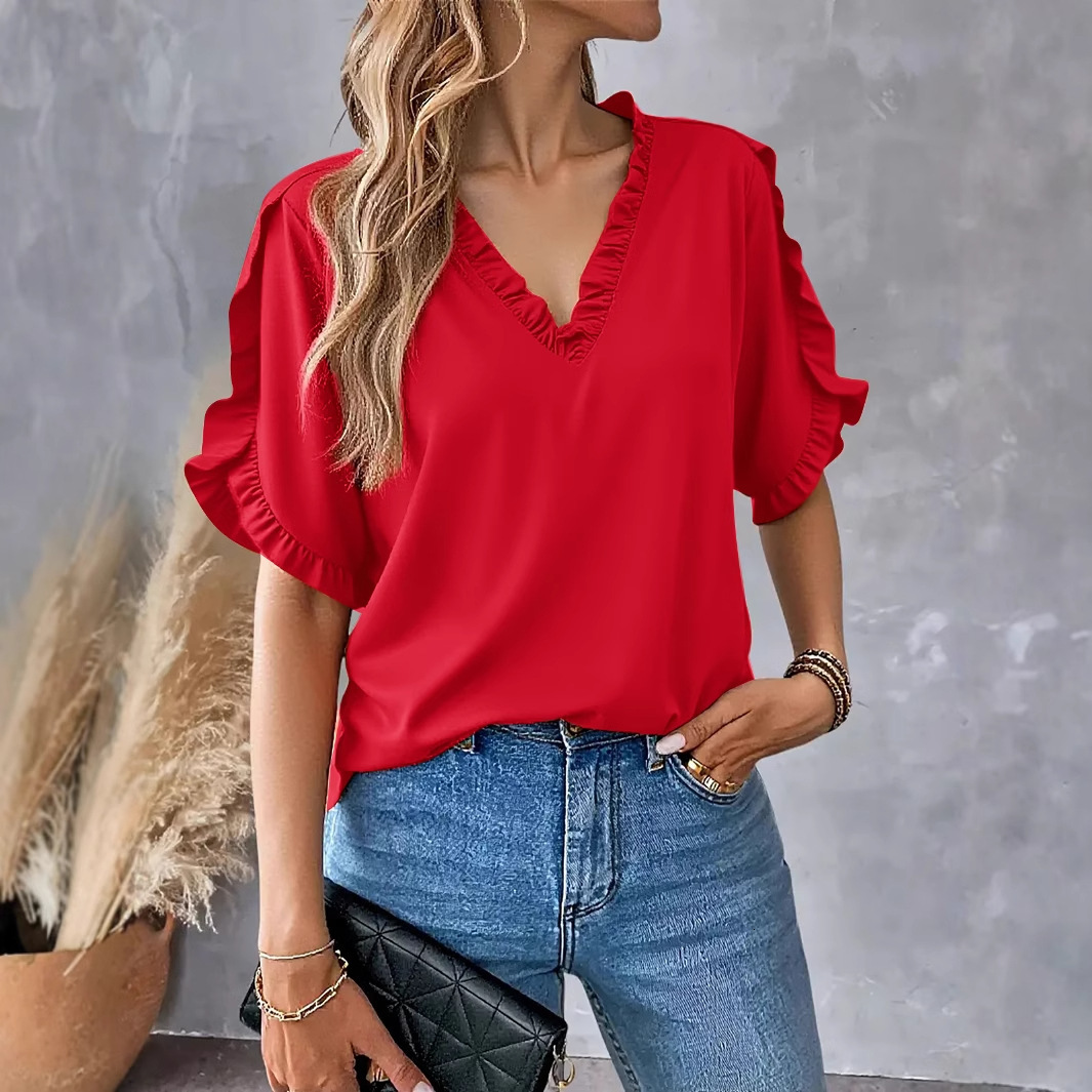 2025 summer simple solid color short sleeved ruffled V-neck shirt top for women