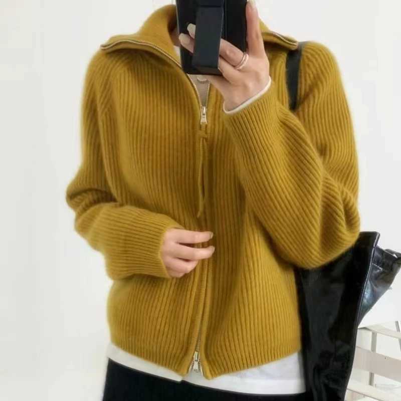 Zippered Lapel Cashmere Sweater Womens Thickening Cardigan Loose 100 Wool Jacket Korean Version Fashion Knitted Sweater TopT251125