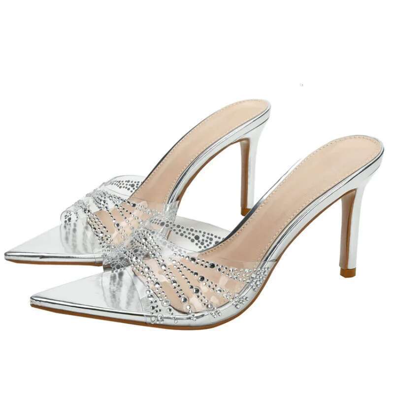 Summer new pointed fish mouth transparent PVC rhinestone fashion slippers thin high-heeled dress large size women's sandals