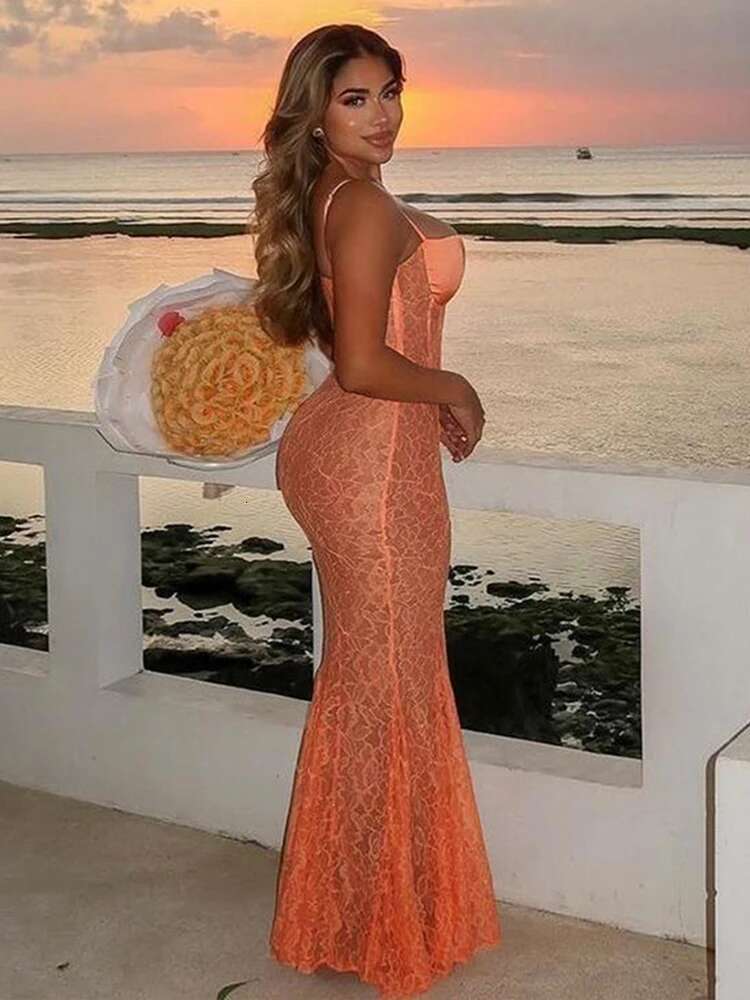 Dongdumaoyi Townlike Perspective Lace Maxi Long Dress Women Spaghetti Strap Summer Strapless Backless Sexy Party Dresses