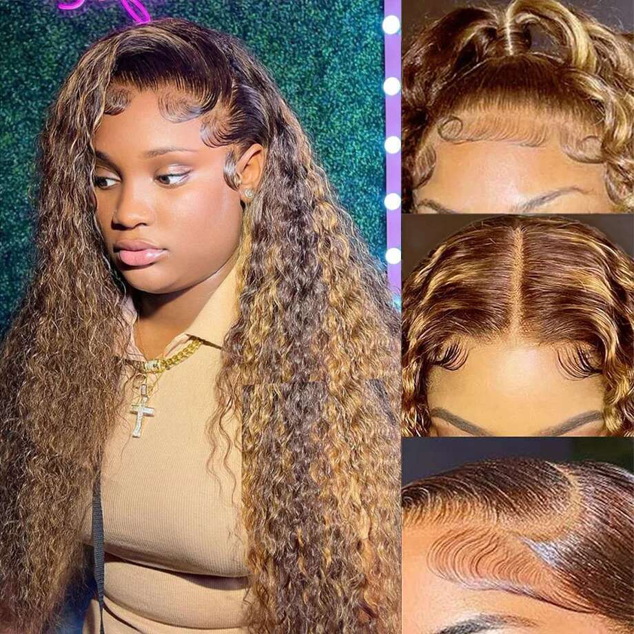Highlight 13X6 Frontal Human Brazilian Curly Wigs For Women Deep Water Wave HD Lace Wig Transparent Colored Hair