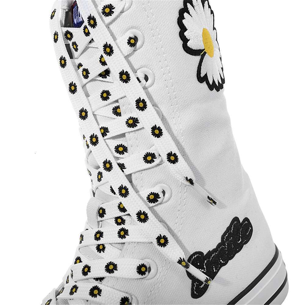 Spring and Autumn New Style Medium Embroidery Inner Heightening Casual Straps Knee Boots Soft Sole Flat Large Canvas Women Shoes