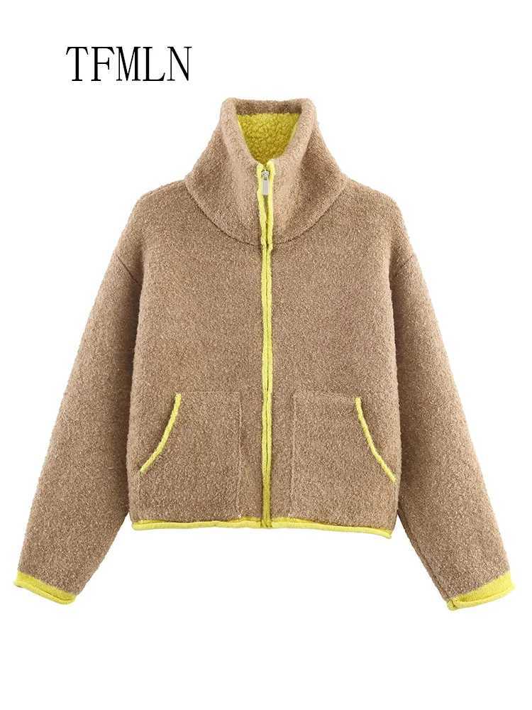 TFMLN 2025 Autumn Winter Knitted Sweater For Women Causal Stand Collar Warm Cardigan Tops Retro Loose Zipper Pockets KnitwearT251125