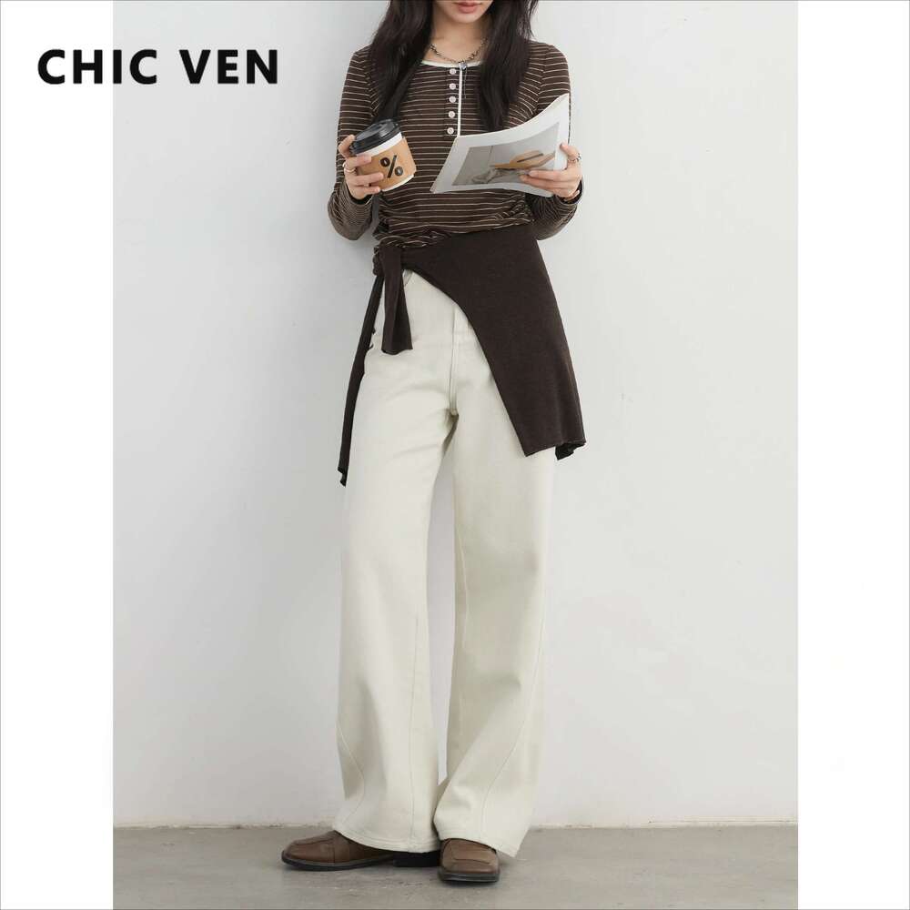 CHIC VEN Women Denim Pant High Waisted Cotton Twill Female White Jeans Slim Wide Leg Long Pants Spring Autumn 2024