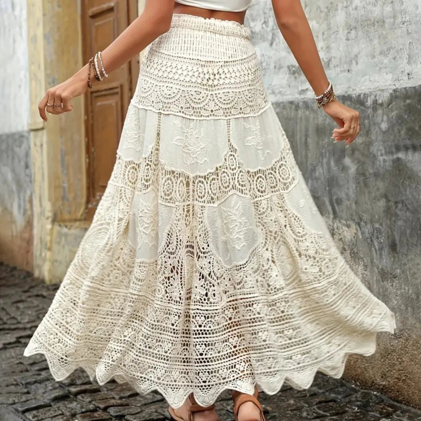 Yiiciovy Summer Lace Flower Beach Ski Womens Aline Maxi Long Crochet Bohemian Flowy Resort Set 250422