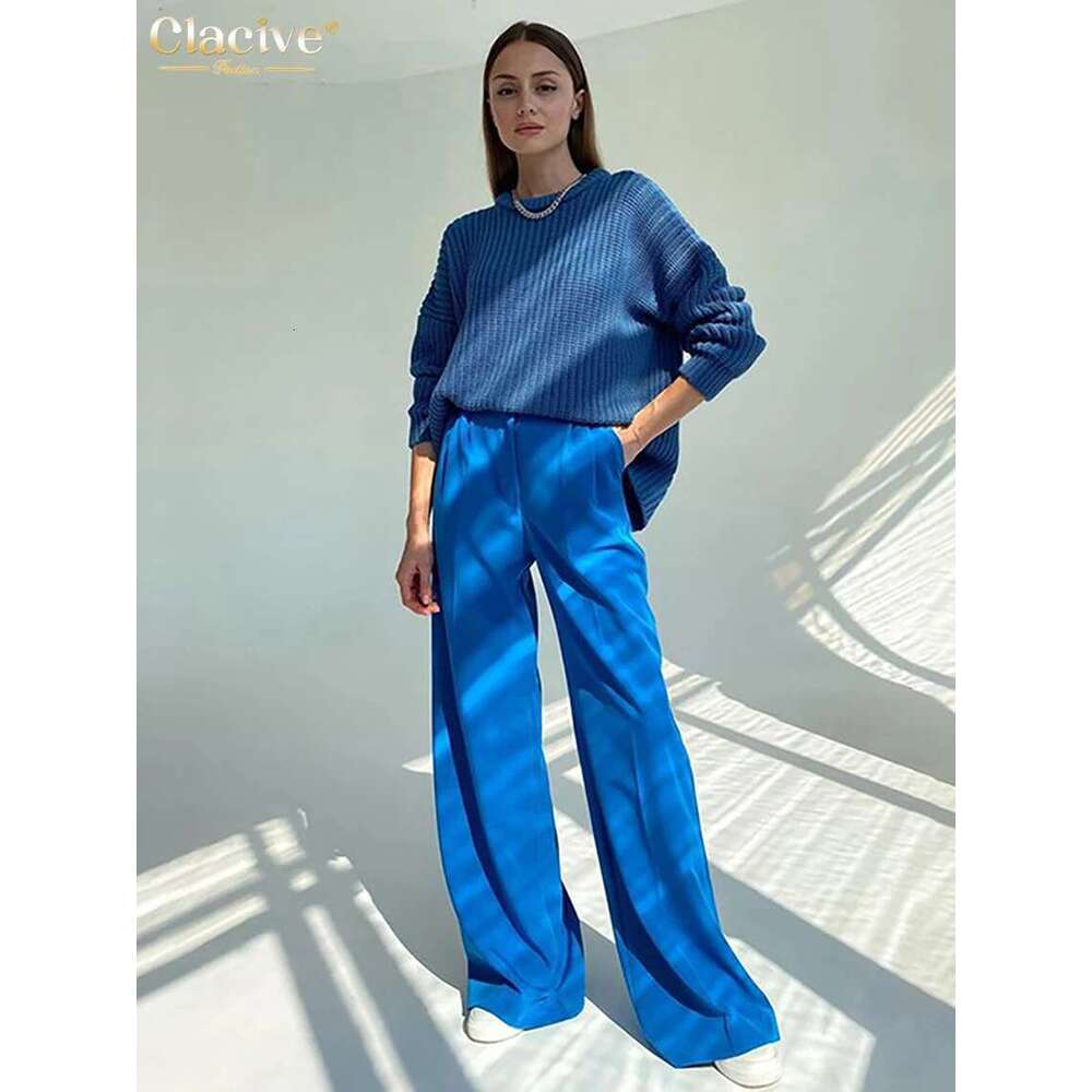 Clacive Blue Office Women's 2021 Fashion Loose Full Length Ladies Trousers Casual High Waist Wide Pants For Women