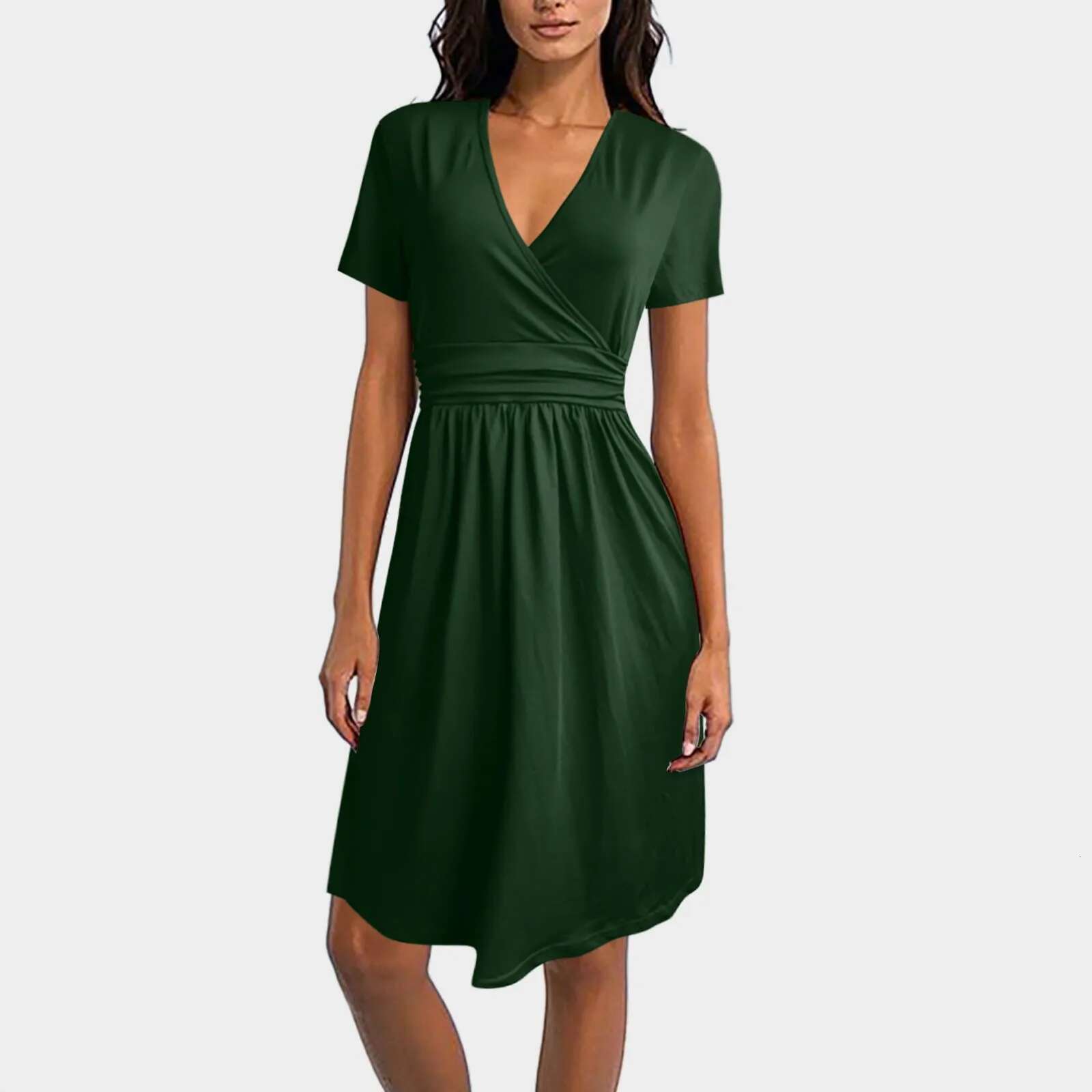 Dongdumaoyi Womens Summer Party Dress Solid V Neck Short Sleeve Casual Dresses For Woman Elegant Loose Swing Pleated Belt Vestidos
