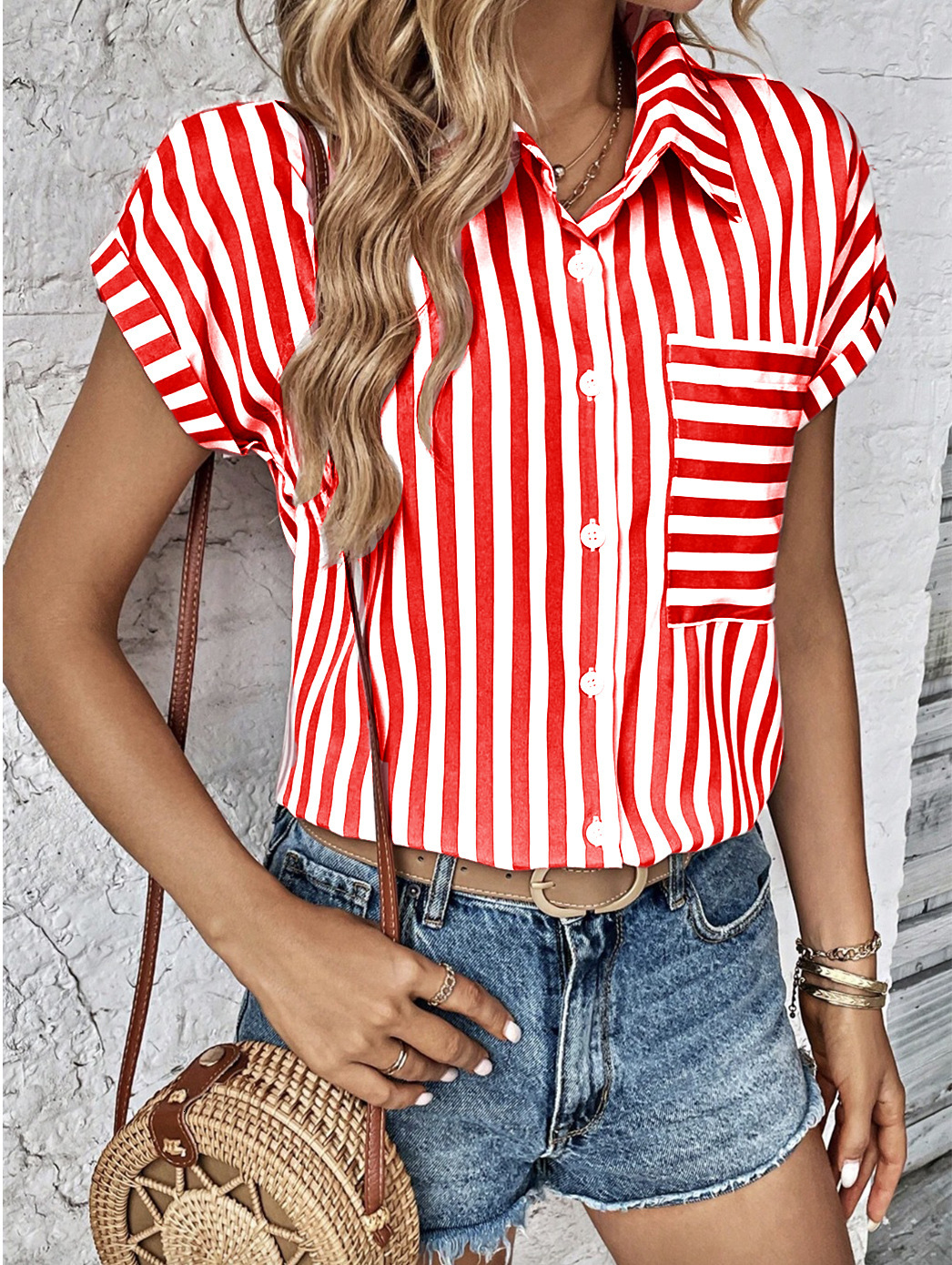 2024 Summer V-neck Pocket Striped Printed Shirt for Women
