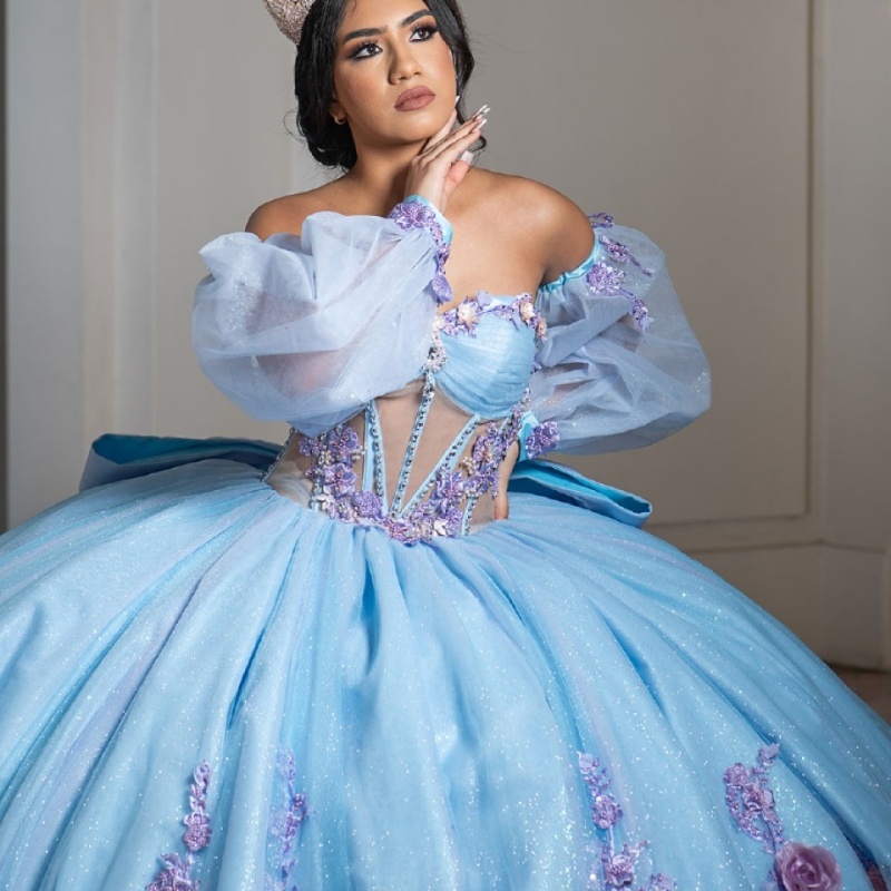 Sky Blue Shiny Quinceanera Dresses Off Shoulder Ball Gown Sweet 16 Dress Applique Flower Beads Birthday Party Vestidos 15 De Anos