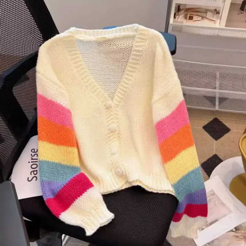 Rainbow Striped Knitted Cardigan for Women Teen-girl Cozy Soft Mohair Button Front Sweater Jacket Winter Autumn Y2K OutfitT251125