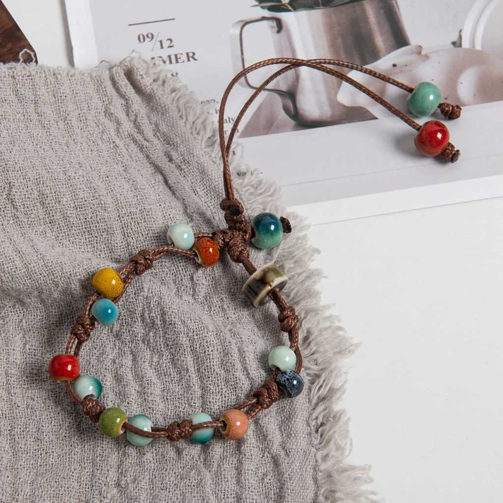 Adjustable Multicolor Handmade Ceramic Bead Bracelet Wax Cord Woven Jewelry Boho Style Unisex Gift for Couples and Friends J251125