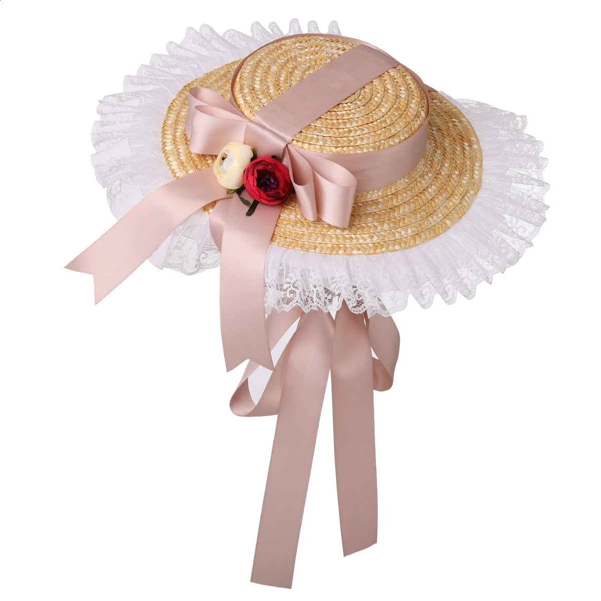 Lolita Straw Hat Women Girl Victorian Pastoral Style Lace Bonnet Hat for Costume Tea Party Flat Cap 250420