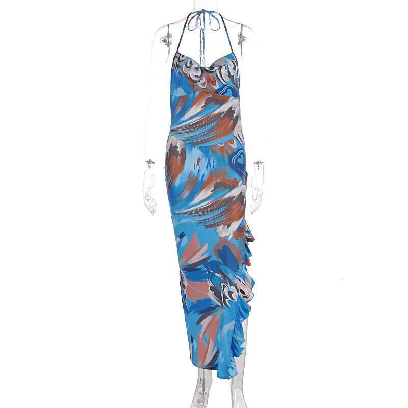 Dongdumaoyi Townlike Ruffles Asymmetric Maxi Long Dress Women Halter Spring Summer Print Backless Nightclub Sexy Party Dresses
