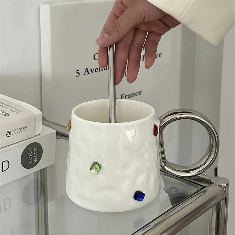 Nordic Style Ins Niche Design Ceramic Color Gem Mug Simple Coffee Cup with Handle Couples Cup with Spoon Y251125