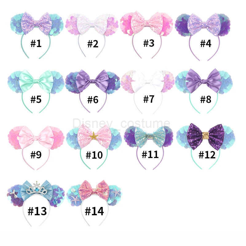 Disney Mermaid Disney Mickey Mouse Ear Headband Minnie Hair Sparkle 5 Bow Female Festival Hair Girl Hair Accessories Role Play X250425