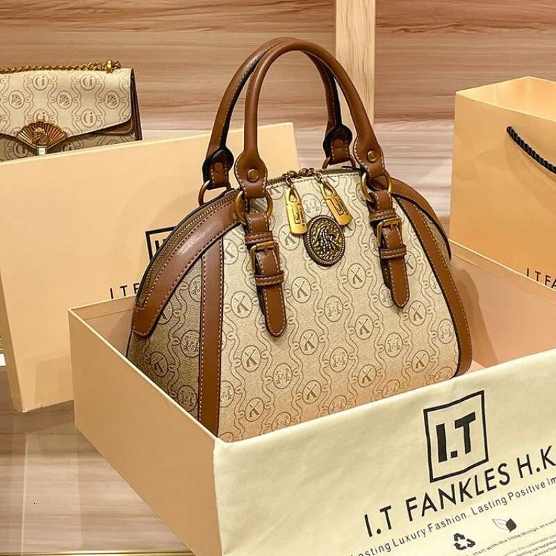 Khaki Retro Leather Women's Handbag Fashion Geometric Floral Shoulder Bag Hundred Splicing Color Collision Girls Crossbody