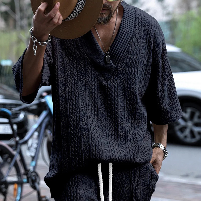 Mens casual knitted Tshirt for summer loose fit plus size semi long sleeved svCollar sport solid color jacquard 250417