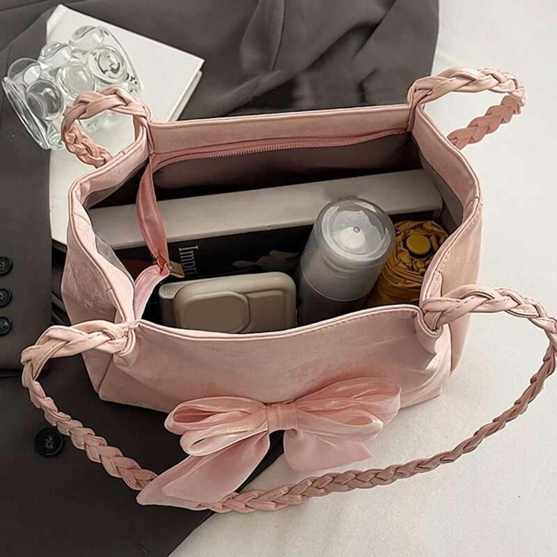 Fashion Girls Bowknot Shoulder Solid Color Ballet Style Tote Braid Strap Underarm Bag