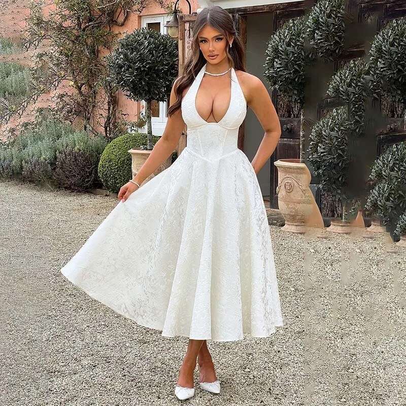 Dongdumaoyi Townlike Jacquard Elegant Waist Wrap A Line Dress Women Halter Spring Summer Midi Long Backless Sexy Party Dresses