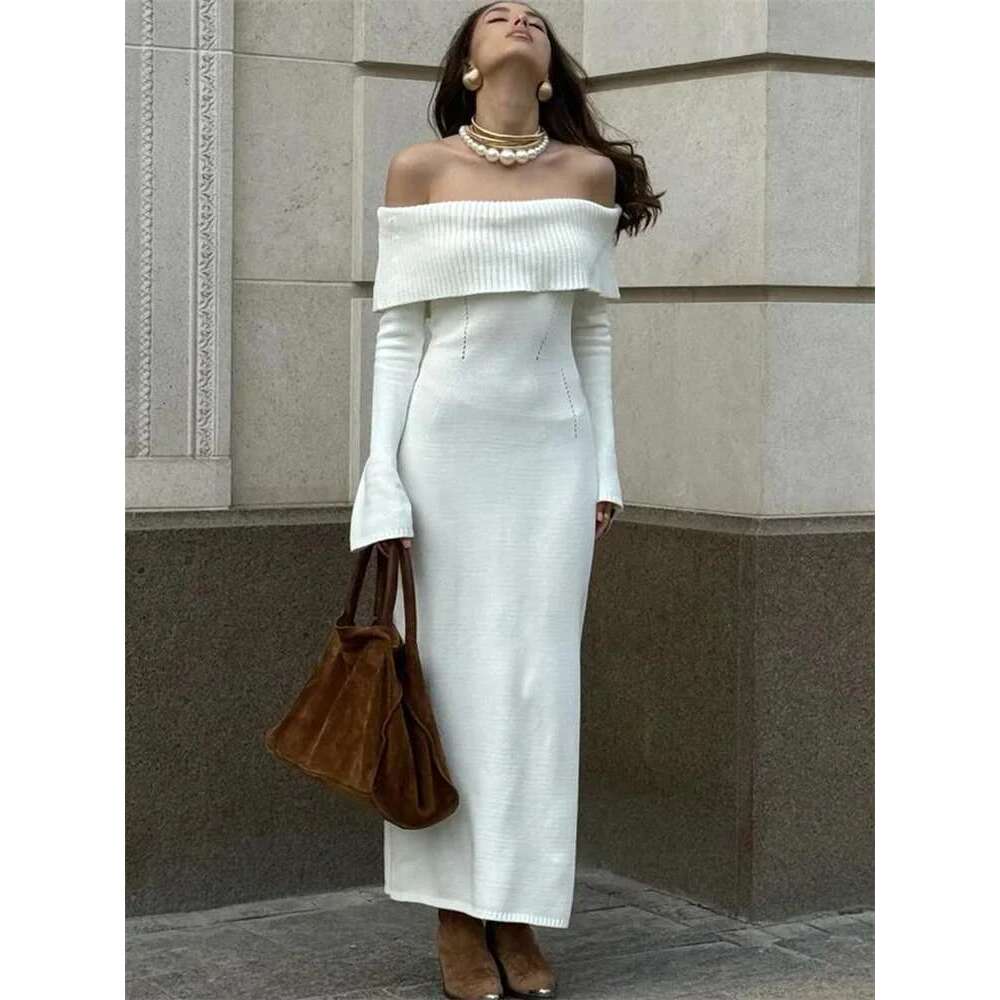 White Autumn Knit Sweater Long Women Ribbed High Waist Fashion Off-Shoulder Loose Party Female Knitwear Dress