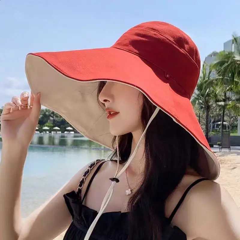 Wide Brim Sun Hat Women Anti-UV Protection Hiking Fisherman Cap Fold Summer Solid Cotton Breathable Beach Bucekt Hat 250424