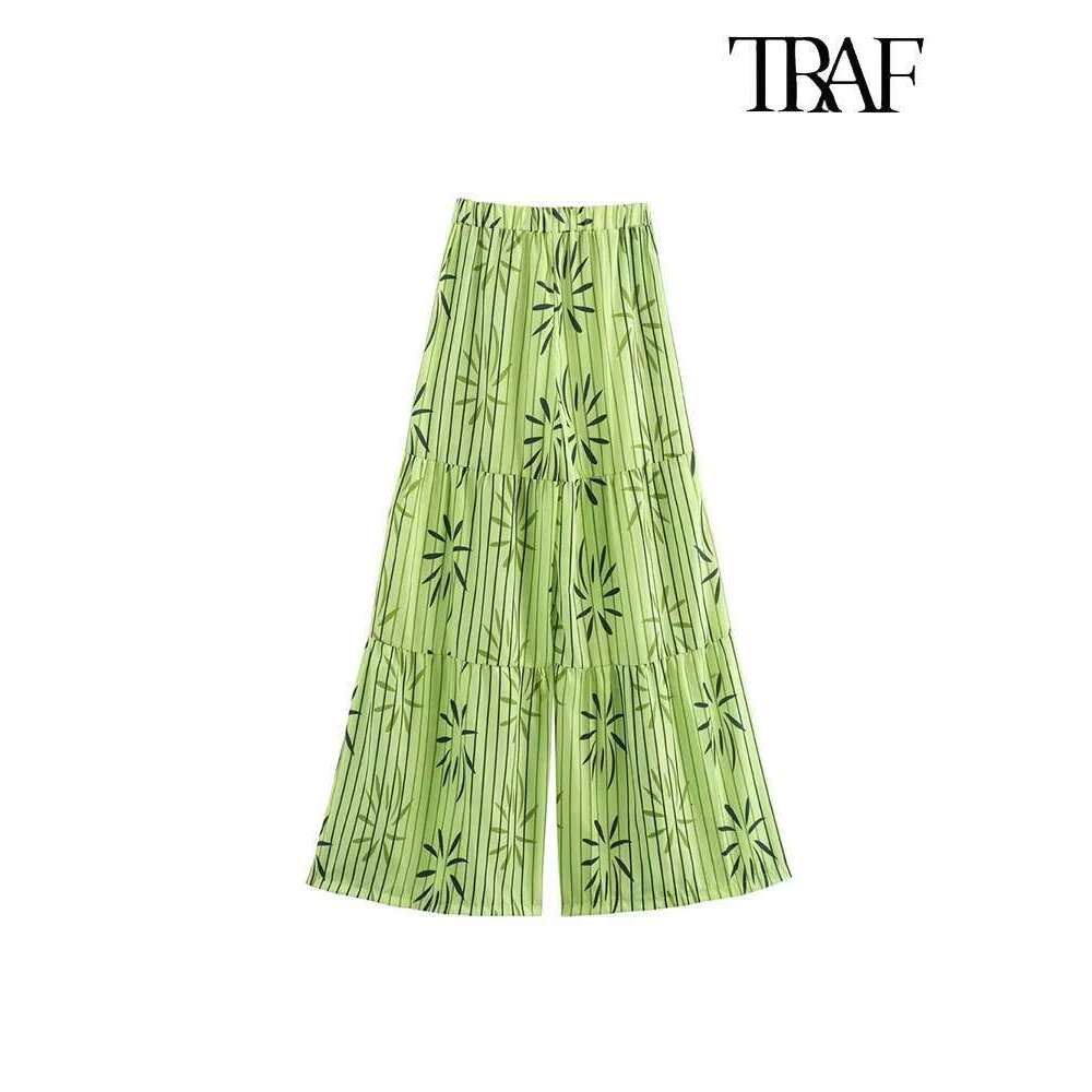 TRAF Women Fashion Pleated Printed Casual Sexy Sleeveless Ruffle Decorative Tie Top + Spliced Wide Leg Pants Two Piece Set