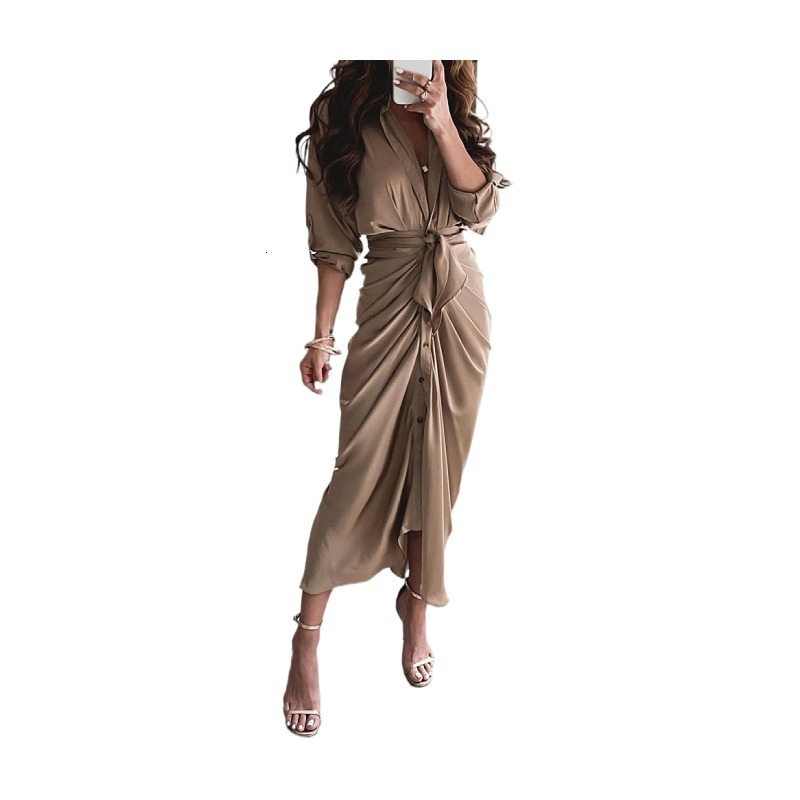 2021 summer long sleeved V-button short sleeved printed dress long skirt