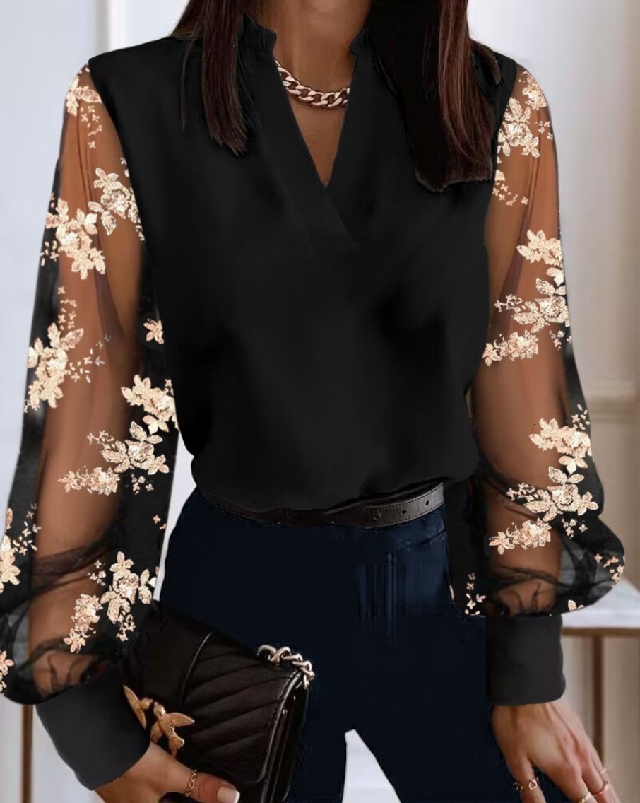 2023 autumn and winter new fashion V-neck lace long sleeved shirt womens shirt