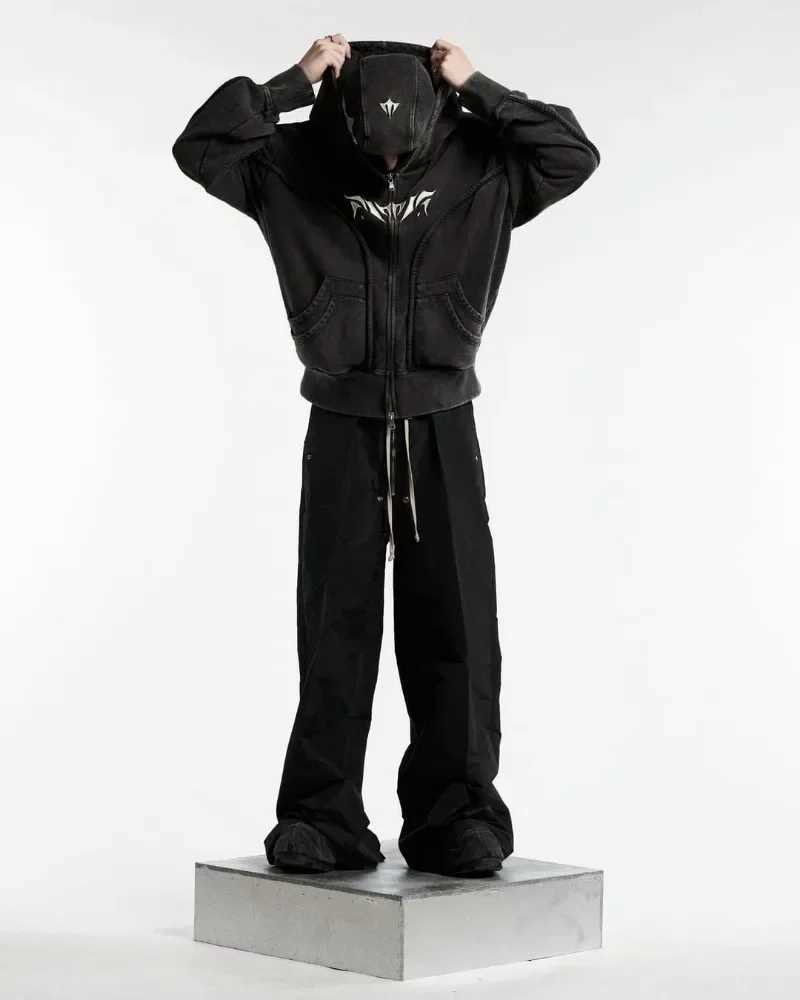 Y2K Harajuku Ninja Zipper Hoodie Oversized Embroidery Washed Double Hat Sweater American Streetwear Gothic Mens Top M250425