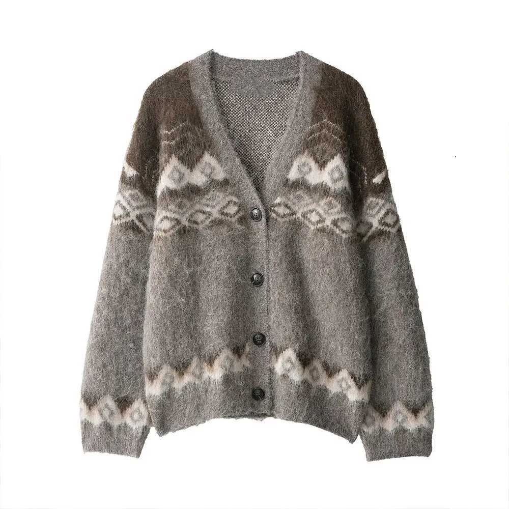 Womans Jacquard Knitted Cardigan Loose V-neck Button-down Lazy Style Elastic Hem Jacket Soft Versatile Early Autumn New SweaterT251125