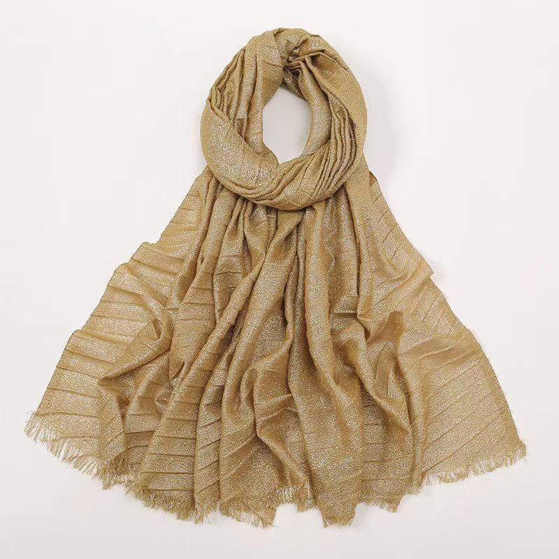 T558 new wide edge wrinkled breathable gold and silver silk wrinkled scarf solid color simple polyester soft headscarf female