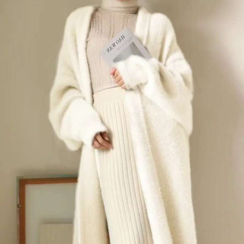 White Long Cardigan For Women 2024 New Winter Clothes Knitted Fluffy Long Sleeve Cashmere Sweater Coat Korean Style Warm Vintage