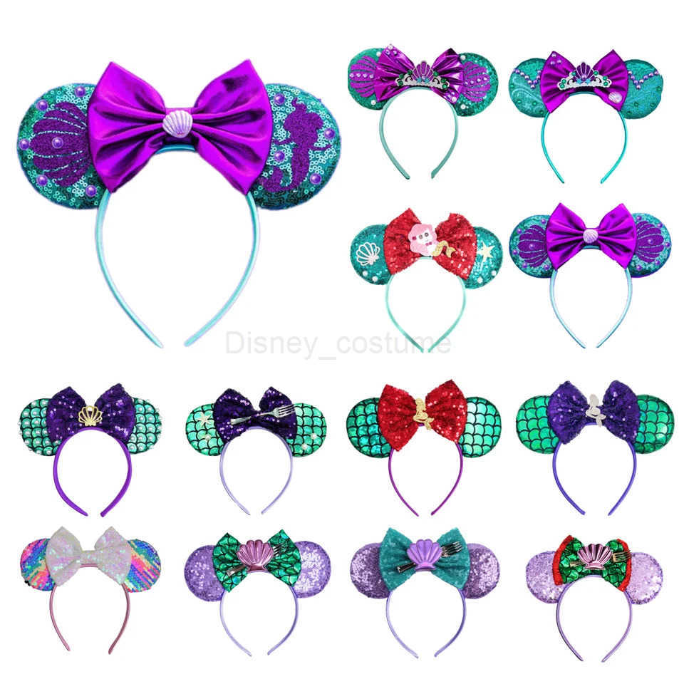 Disney Mickey Mouse Little Mermaid Hair Girl Floor Hair Accessories Ariel Headband Children Sebastian Pearl Shell Earrings X250425