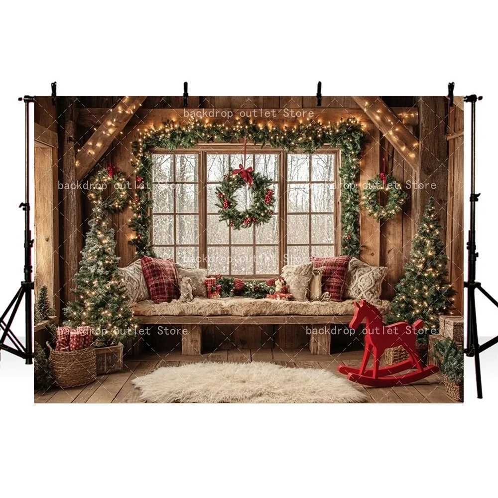 Christmas Party Decor Backdrop Wood Indoor Window Gifts Xmas Tree Kids Family Portrait Photography Background for Photo StudioM251125