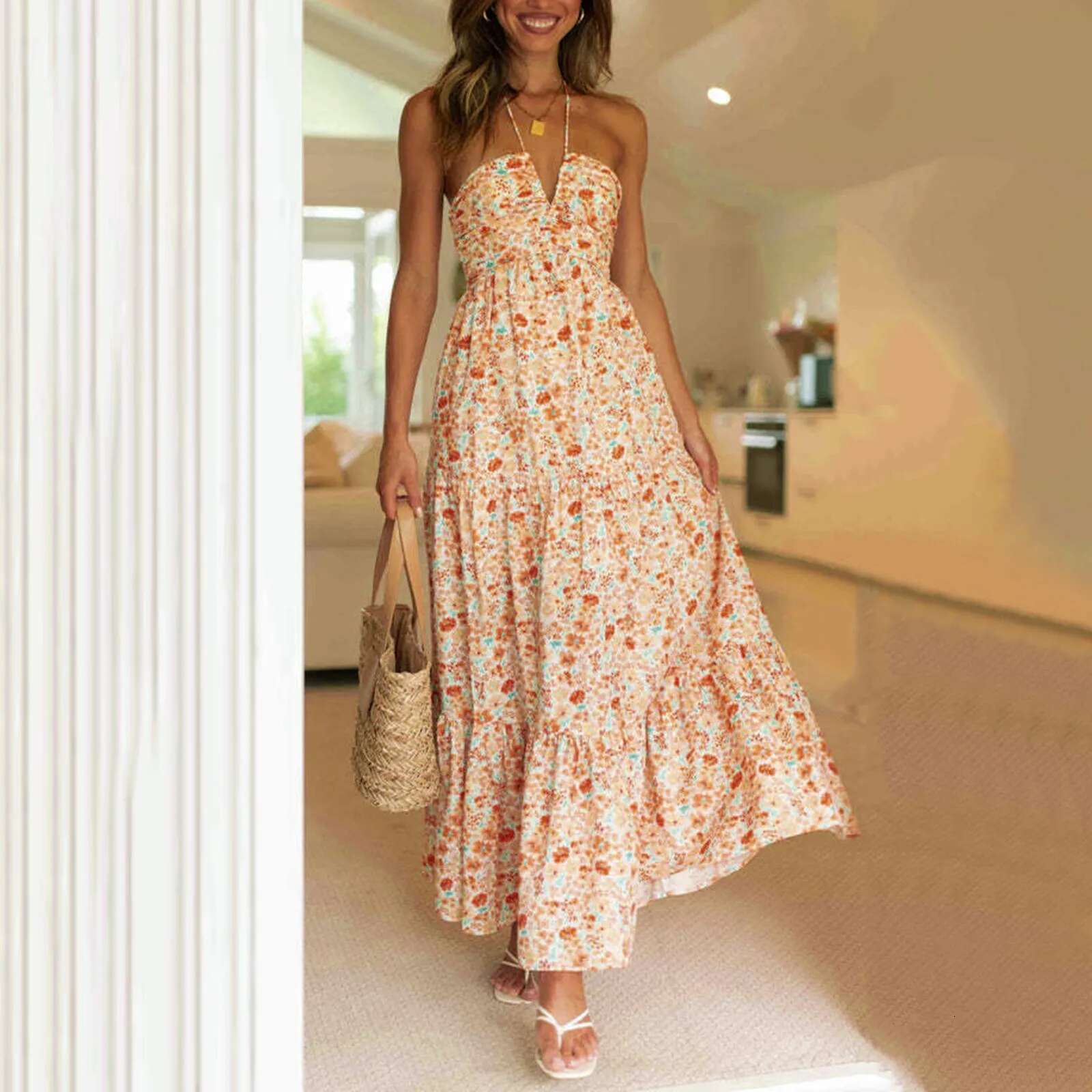 Dongdumaoyi Spaghetti Strap Long Dress Summer Women Fashion V Neck Sleeveless Print Elegant Backless Maxi Dresses For Woman Sundresses
